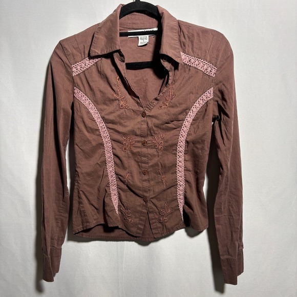 VTG Y2K Brown Long Sleeve Button Up Top Pink Lace Beaded Fairy Boho S Embroidery - Picture 1 of 9